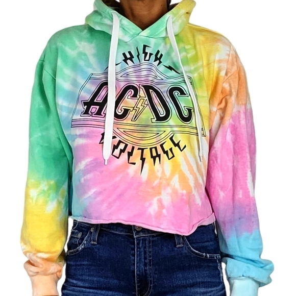 AC/DC Tie Dye Crop Hoodie Size Medium Multi Color - Picture 3 of 6